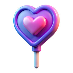 Glossy 3D heart shaped lollipop icon in pastel pink and purple neon valentine style.
