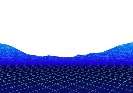Futuristic neon blue landscape with wireframe mountains and grid floor on transparent background for retro computer art.