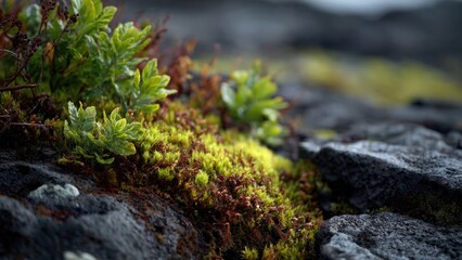 Green moss and plants growing on dark rock