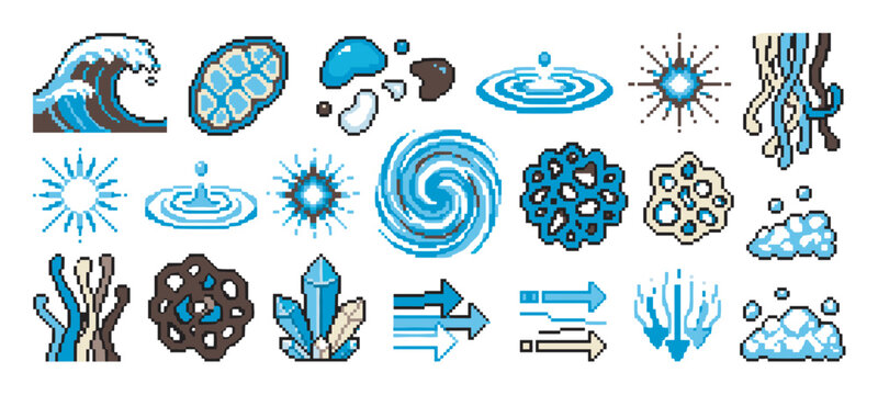 Pixel art water element icons set for retro video game design, featuring various liquid forms like ocean waves, splashes, ice crystals, ripples, and magical spell effects