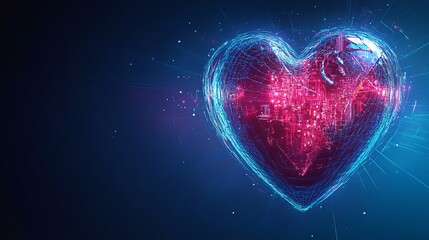 A vibrant digital heart glows with a mesmerizing pink and blue light in a dark space
