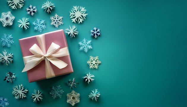 Colorful Gift Box With Snowflakes On Teal Background