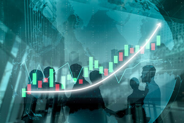 A business team engages in a discussion about financial growth, surrounded by charts and graphs that highlight data trends and market analysis. Impute