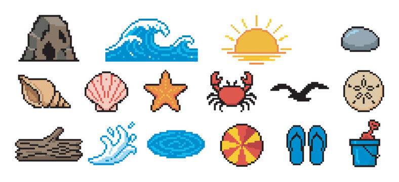 Set of pixel art beach icons featuring a wave, sun, crab, seashell, and other summer vacation elements in a retro 8-bit video game style illustration
