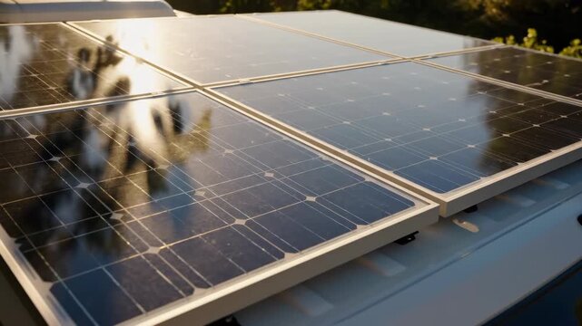 Sunlight gleams on a row of solar panels atop a house, reflecting golden hues of the evening sky. Shadows play across the surface, creating a symphony of light and technology harmonizing with nature.