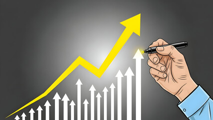 Hand drawing a yellow upward trending arrow over white bar graph with gray background growth