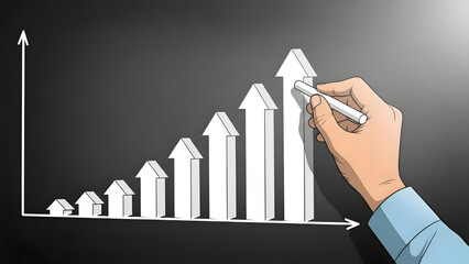 Hand drawing an upward trending bar graph with arrows on a dark textured background graph, chart, growth