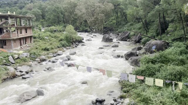 Mountain River and Waterfall Near Dharamshala in Kangra Valley, Himachal Pradesh, India