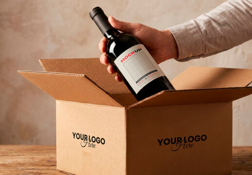 Hand Taking Wine Out of Box Label and Box Mockup