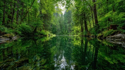 Obraz premium Lush Forest Reflection on Calm Lake