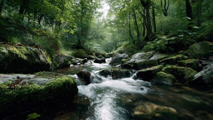Fototapeta premium Lush Forest Stream Flowing Over Mossy Rocks