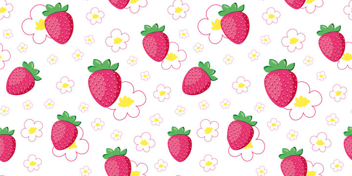 Seamless pattern with strawberries and flowers. Summer vibe background. Juicy, bright and cute texture.
