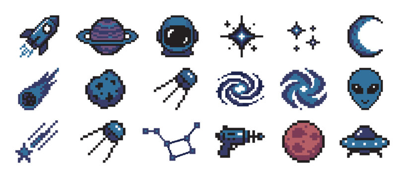 Set of pixel art space icons featuring a rocket, planet, alien, ufo, and astronaut helmet in a retro 8-bit video game style for a science fiction theme