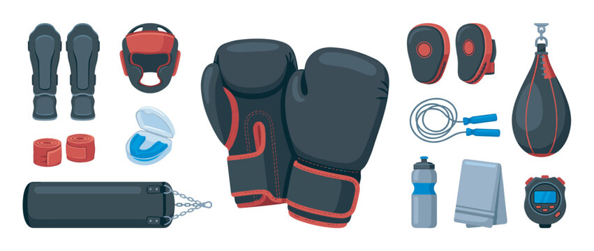 Complete set of boxing training equipment with gloves, a punching bag, headgear, shin guards, and other accessories for combat sports in a flat vector illustration style