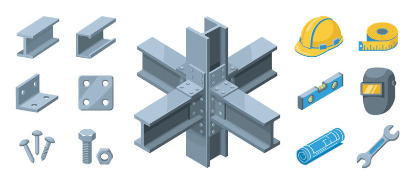 Collection of isometric construction and engineering icons showing steel beams, a hard hat, tools, and fasteners for building and architecture design
