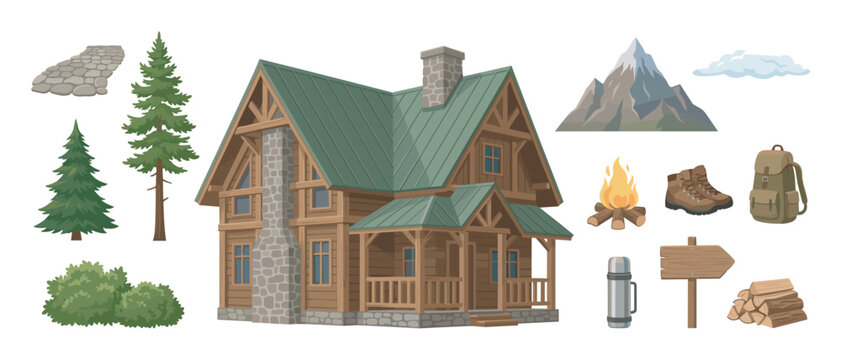 Set of cartoon camping and hiking illustrations with a wooden log cabin, mountain, campfire, backpack, and pine trees for outdoor adventure concepts