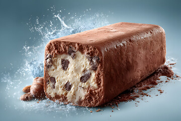 Vanilla ice cream bar coated in chocolate on fresh blue background