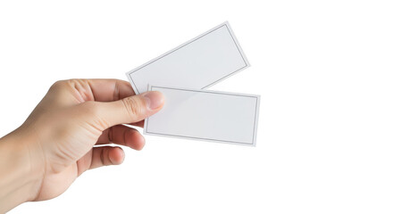Fototapeta premium Hand holding two blank white cards isolated on white background
