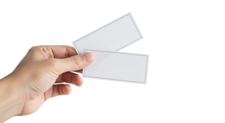 Hand holding two blank white cards isolated on white background