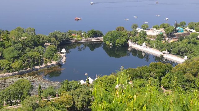 Scenic aerial view of Udaipur city with lake pichola and fateh sagar lake in India.