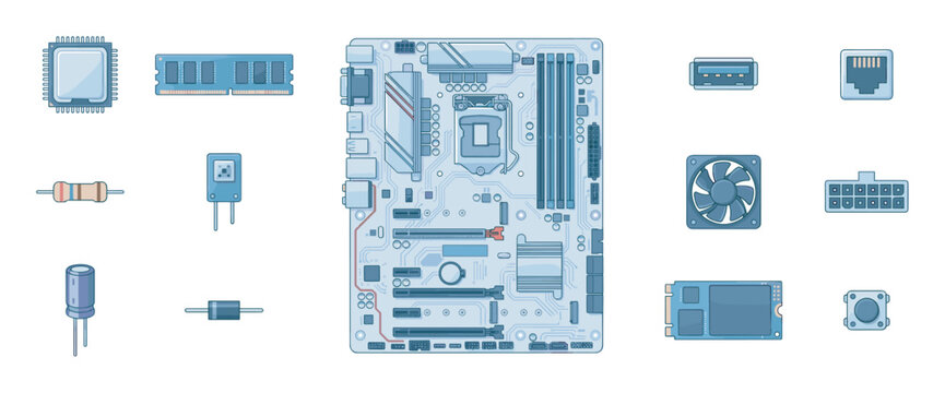 Collection of computer hardware components and electronic parts including a motherboard, CPU, RAM, and SSD illustrated in a clean, flat, line art style for technology concepts