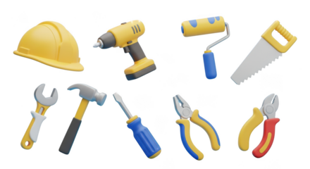 Yellow construction tools hard hat drill saw and wrench on transparent background