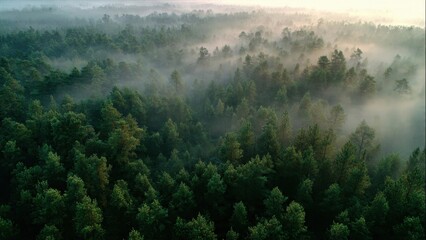 Misty forest canopy at sunrise