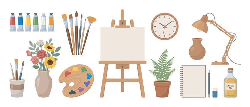 Artist's studio collection of supplies featuring a wooden easel with a blank canvas, paint tubes, various brushes, a palette, a sketchbook, and a desk lamp for creative work