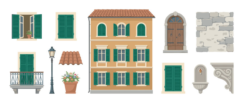 Vector illustration set of classic European architectural elements featuring a building facade, windows with green shutters, an arched door, balcony, and other town details