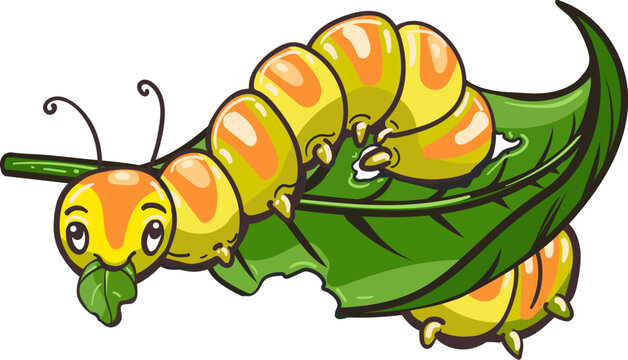 Funny cartoon caterpillar eating leaf