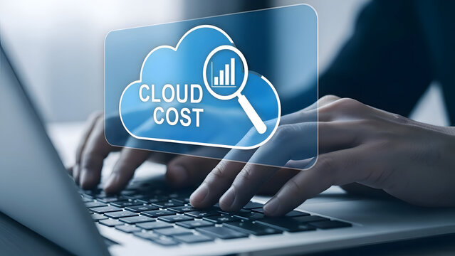 Hands on keyboard with cloud cost analysis and magnifying glass icon finance technology - Powered by Adobe