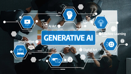 Diverse professionals collaborate in a modern office, discussing innovative ideas related to generative AI technology and its applications in various fields. Amity