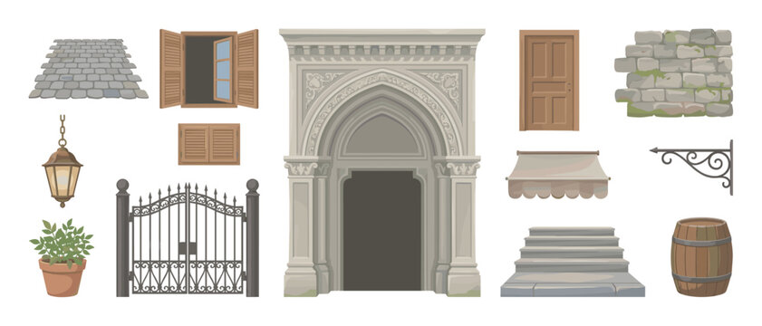 Collection of vintage architectural street elements featuring a stone arch, iron gate, wooden door, window with shutters, lantern, and barrel in a detailed cartoon illustration style