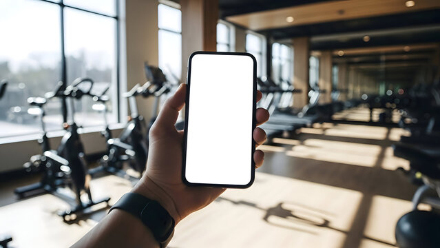 Person holding a smartphone with a white screen in a gym with exercise equipment smartphone, white mockup