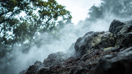 Rocks in forest with fog and drizzle