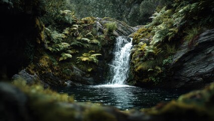 Secluded waterfall in lush forest