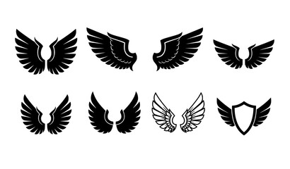 Obraz premium Black Wings Icon Set Flat Vector Illustration of Wing Symbols and Badge Designs