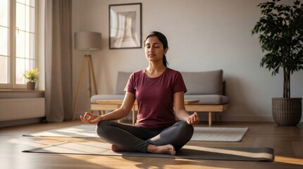 Woman sitting in lotus pose during meditation session on yoga mat in cozy living room. Serene practice for inner peace and self-awareness. Yoga and mindfulness concept promoting relaxation and body