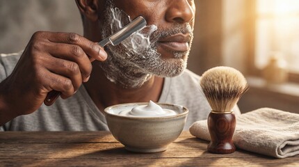 African american man shaving beard and mustache with straight razor. Close-up of traditional wet shave using brush and foam. Mens grooming and personal hygiene concept in barbershop style.
