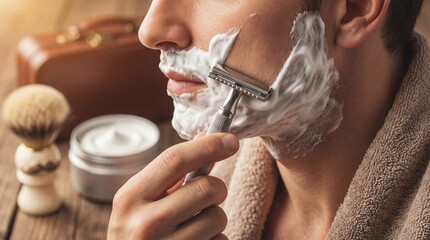 Man shaving face with straight razor in closeup view. Traditional wet shave using foam and brush for grooming. Beard and mustache maintenance in personal hygiene routine for mens care aesthetics.