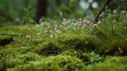 Tiny wild flowers on mossy ground