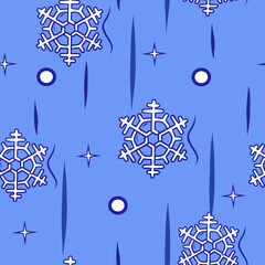 Seamless vector pattern of snowflakes on a blue background. Suitable for decorating fabric, paper, wallpaper, and much more.
