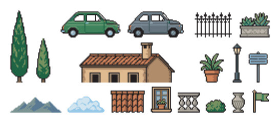 Obraz premium Collection of pixel art game assets featuring cars, a house, trees, and architectural elements for creating a vintage European town scene, presented in a classic 8-bit retro style
