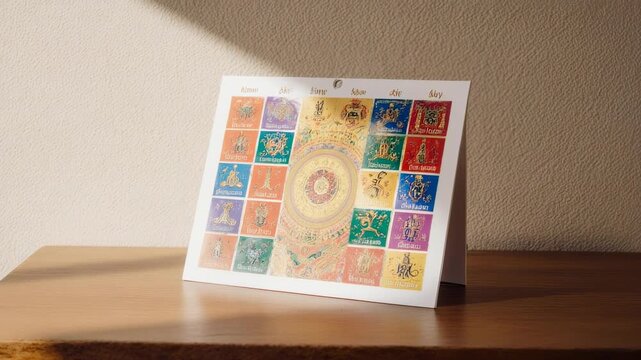 Intricate Hindu Deities and Symbols Art Calendar on a Wooden Table, Light and Shadow