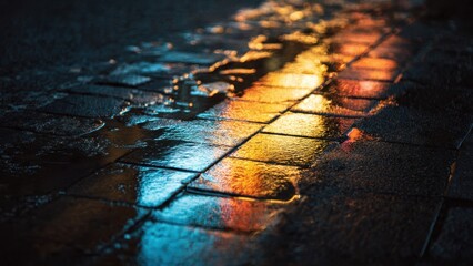 Wet cobblestone street reflecting city lights at night