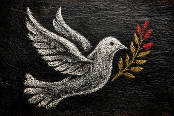 Chalk-drawn dove carrying olive branch--classic peace iconography