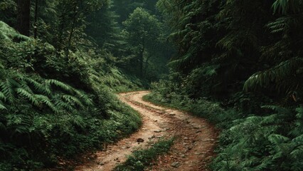 Obraz premium Winding Dirt Road Through a Dense Forest