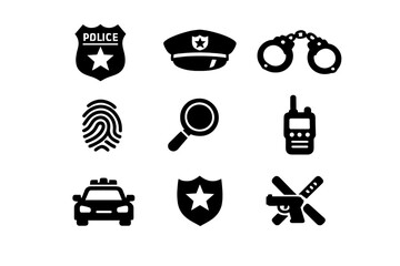 Collection of solid black symbols for police, law enforcement, and crime investigation © AVRIX
