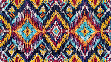 Colorful tribal style textile pattern in symmetrical geometric layout with warm red blue and gold tones