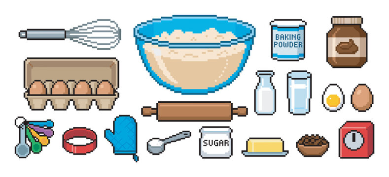 Pixel art collection of baking ingredients and kitchen utensils for cooking, featuring an 8-bit retro video game style with flour, eggs, milk, a whisk, and a timer